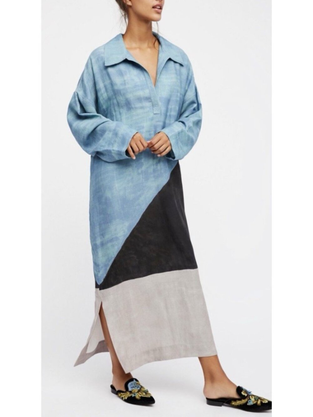 Mara Hoffman Free People Maxi Dress Linen Color Block V neck Side Slit oversized